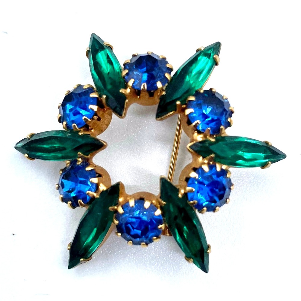 Sunburst Geometric MCM Brooch Blue Round‎ Green Navatte Stone 1.5 inch Unmarked